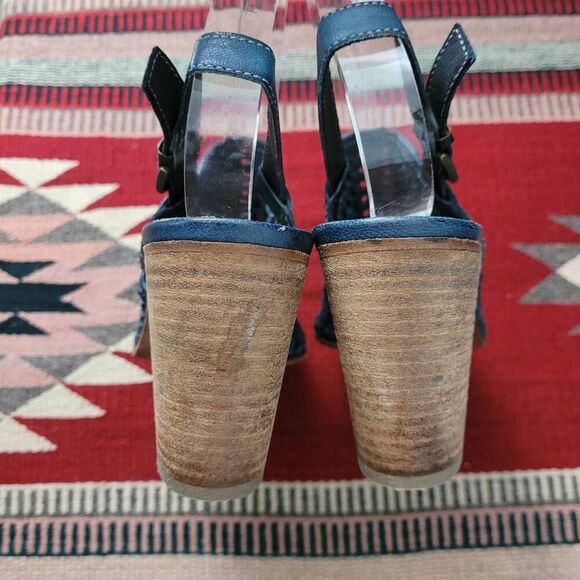 Sundance Blue Woven Leather Open Toe Heeled Sandal Sz 9 Sling Back Adjustable - Picture 5 of 8